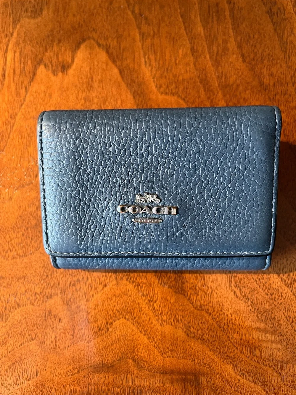 Coach Navy Blue Pebble Leather trifold wallet with coin zip! Silver hardware!